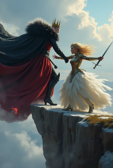 On the edge of a cliff, an Evil queen and a warrior princess having a sword fight. The evil queen has blond hairs, she is wearing a crown, a giant thick red and black fur coat with a huge collar, and leather elegant black gloves. The princess is wearing an...