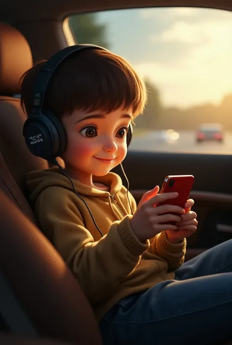 Boy hearing songs in mobile and setting in car