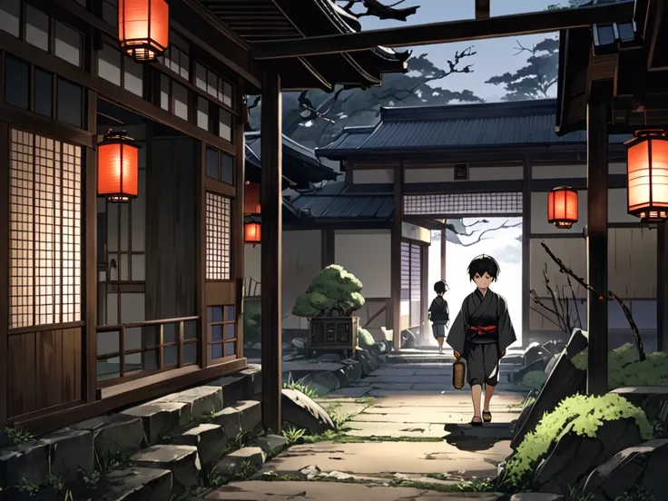  a  boy and a  are walking through the ruins of an old dark house with Japanese style and decoration.  They carry with them an old Japanese lantern to illuminate the house that is very weak , It is dark and has a lot of cobwebs and a lot of dirt .