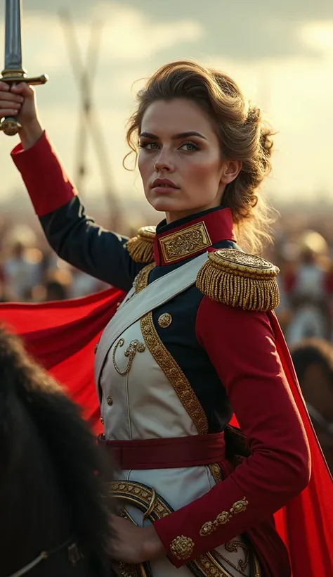 A woman dressed as Napoleon、
 The most beautiful woman in the world showing her vaginal lips、
Majesty and dignity、
battlefield、
Raise your sword and inspire the entire army、
 sharp eyesight 、
Subordinates who obey