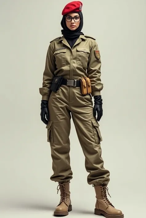 A very realistic full picture, a hijabi Iranian woman wearing a beige, black and brown camouflage police suit, a tight suit, wearing beige military shoes, wearing glasses, wearing a red military hat, wide hips, a thin waist, a big chest, an unarmed army of...