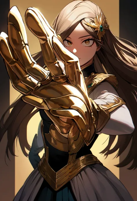 My hero academia, girl with long brown straight hair, golden eyes, golden hands, fancy clothes