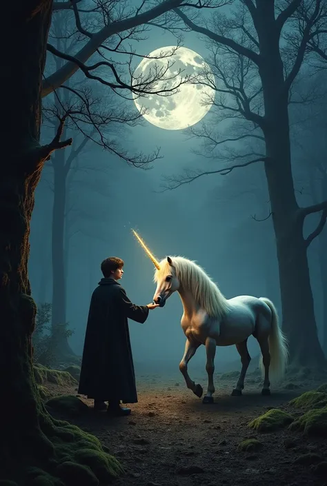  In the twilight of the Forbidden Forest ,  Harry Potter It is located on the edge of a clearing illuminated by the moon .  The soft light of the full moon filters through the branches of tall trees,  casting dancing shadows on the floor .  Harry holds his...