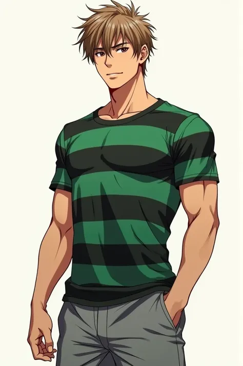 Tall anime man with wet light brown hair and dark brown eyes and green and black striped t-shirt and gray shorts