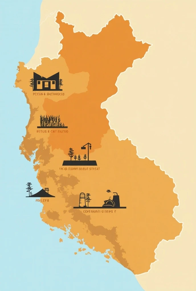 an illustration of a map of Piura region in Peru, highlighting the affected areas due to drought, with icons representing water scarcity, crop failure, and community impact, dramatic, using shades of brown and orange to depict drought