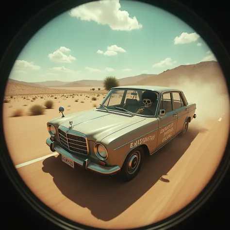 (fish eye) a car with letters that say ENSZMASTER PRODUCCIONES that goes from left to right across the desert and inside the car you see a skull with small afro hair that drives the car but does not get out of the car