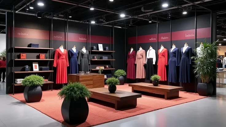  A 6x6 meter stand for the Neduara brand in Peru Moda ,  that offers high quality clothing for women that integrates elegance and comfort.  The corporate colors are lead , negro, Navy Blue, red and pink.  The stand has lead and black walls , detalles en Na...