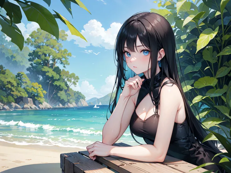  Long straight black hair , Swimsuit,   blue eyes，Holding a blue bottle, Relaxation posture, sit, Review, healthy skin, Outdoor scenery, Green leaves and blue sky, Bright natural light   ,   The sun shines in from the top left,  A warm and gentle atmospher...