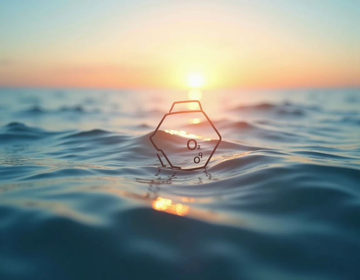 CO₂ and O₂ icon on an image of the ocean at dawn