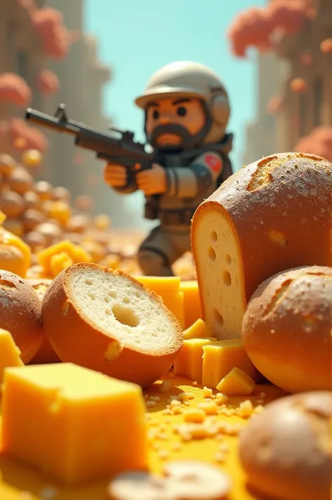 Create an image with infinite bread _cheese_ on the screen and a shooting game character in the background