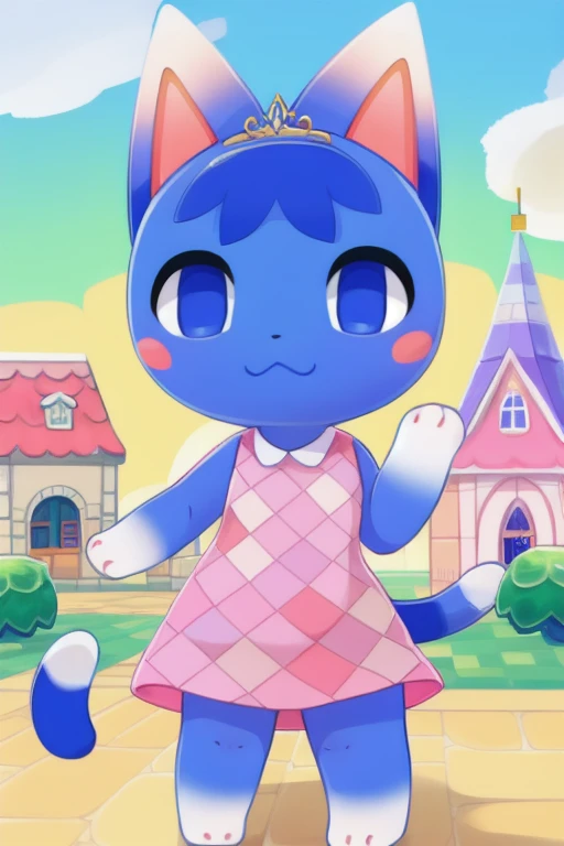 animal crossing 　rosie, cat girl, s,blue fur,手足が白い, pink ruffle dress with white hands and feet,   tiara , castle background