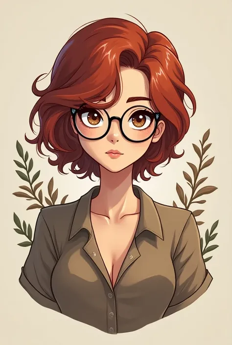  A logo of a 22-year-old alchemist witch, with short wavy hair on the shoulders red, brown eyes and glasses 