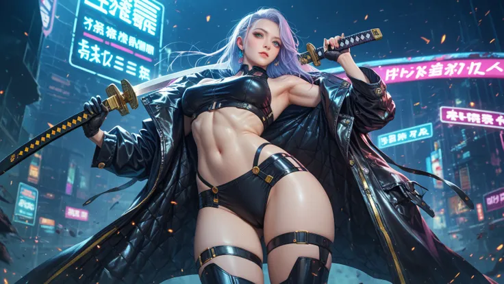 a futuristic transgender female warrior holding a katana, (finely detailed leather), pale skin, (in a deep, sexy, highly detailed, futuristic cyberpunk black crop top and briefs made of circuit boards, Japanese words with flash effect., beautiful epic comp...