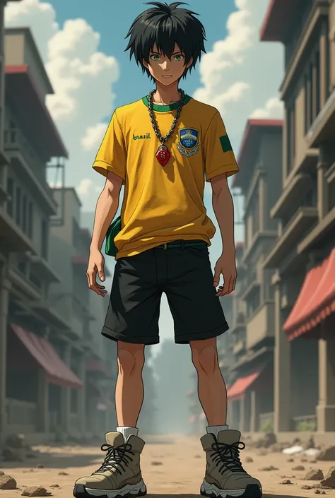 Make a fictional male character attack on titan ,  black hair , Brazil t-shirt, black shorts,  sneakers on the foot and a necklace with a red pendant around the neck 