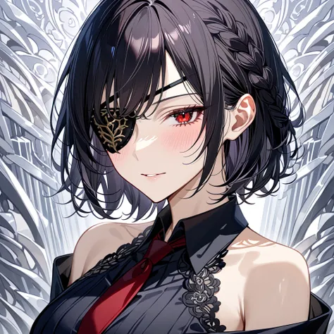 (eyepatch:1.3), natural makeup, blush, head tilt, half closed eyes, Beautiful mature woman, sharp eyes, red eyes, jet black hair,  swept bangs, medium short hair, shaggy hair, side ponytail hair, (braid:1.2),  collared shirt, short tie, bare shoulder, uppe...