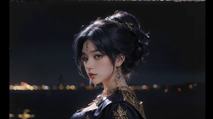 rich aunt with dark blue hair，The background is Constantinople at night， serious expression ，(From the side:1.2),(Jewelry:1.3),(Upper body),Oil painting style