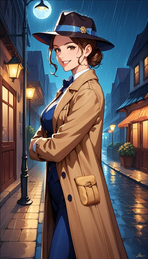 detailed illustration (side view),dynamic angle,ultra-detailed, illustration, pose for the camera, smiling at viewer, clean line art, shading, anime, 2020’s anime style, detailed eyes, detailed face, beautiful face standing on a sidewalk, Detective, trench...