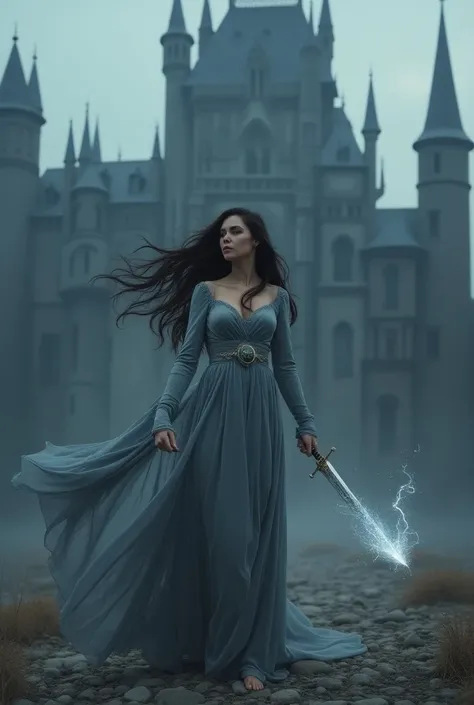 Woman wearing grey dress, releasing hair, right hand holding sword, left hand, has magic standing in front of castle at night
