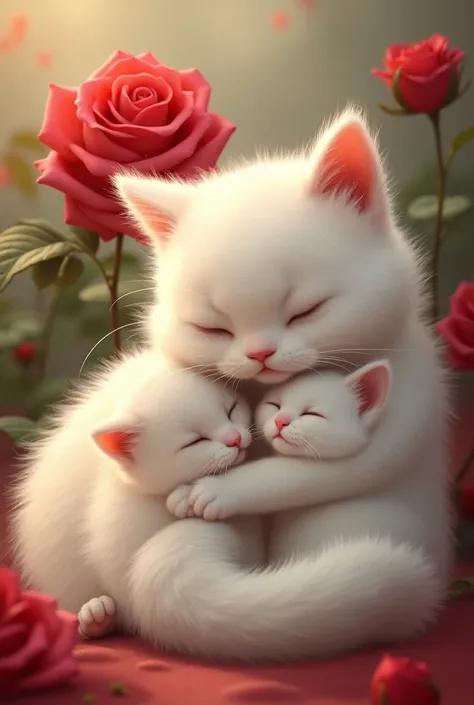 (a white cat cat who A cute  with a cat in her lap and a red rose in the background and adventure 