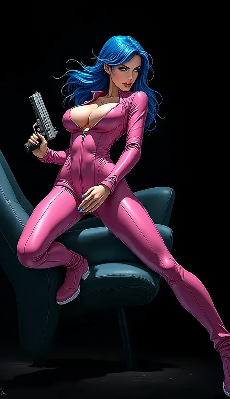 anime:1.4,  a woman with blue hair and a pink suit holding a gun,  black background ,  Concept art inspired by Jules Chéret , Art Station, Painted, arcane Gafe, gafe from arcane, portrait of gafe from arcane,  Gafe from League of Legends ,  Gafe expression...