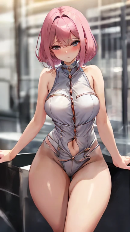  A young girl with short pink hair that reaches her shoulders , dressed in a fitted top up to the navel ,   and a tall cashmere short showing her tight and juicy thighs. She is dressed in sexy sportswear, she has a shy expression and an elegant, blushing p...