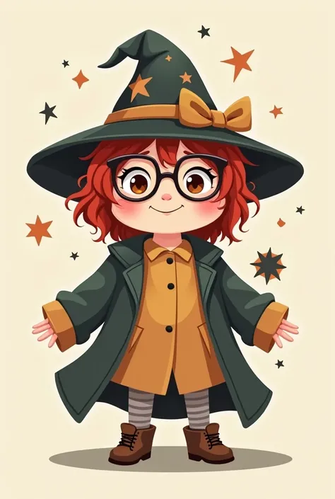  A logo of a 22-year-old alchemist witch, chubby, with short wavy red hair on the shoulders, brown eyes and glasses 