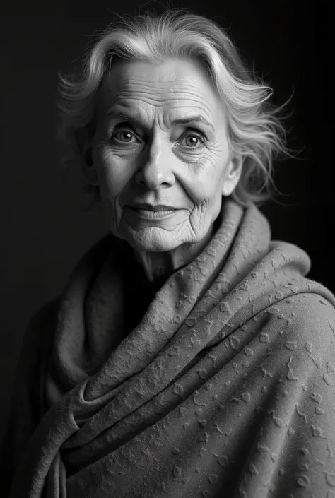 **The image is a black and white portrait of a grandmother, emphasizing her facial features. She has semi-dark, wrinkled skin, thin lips, and a confident expression. Her eyes are large and expressive, framed by short eyelashes and eyebrows with some grayin...