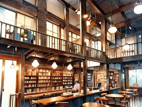 coffee shop scenery,   coffee shop、retro cafe、modern feel、attic atmosphere、there is a counter、there is a bookshelf、soft light an...