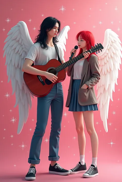 (Photorealism:1.2), Realistic photo of a young white man with long black hair blue eyes European features well-defined body fairy wings holding a guitar next to him a red-haired Korean young lady in student clothes holding a microphone on a pink background...