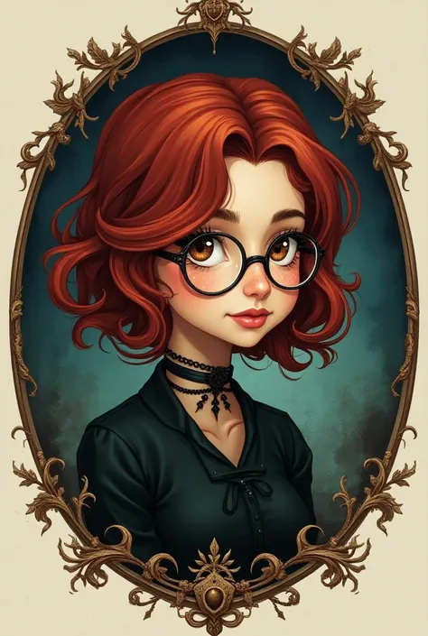  A logo of a 22-year-old alchemist witch, gorda, with short wavy red hair on the shoulders, brown eyes and glasses 