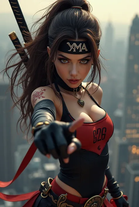 Ninja woman brown eyes and loose brown hair wears a headband that says  "Yma " Her costume is tight in the color of Harley Queen on her chest she has the number 329 embroidered on her chest she is standing on top of a building looking into the void looking...