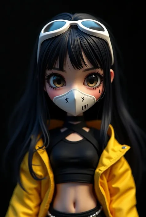 An anime doll, with the hair of the Sand Princess in the color black and large ,  and white street vision mask with two vampire teeth,  with 3 scratches on the cheek ,  and a black croop and a yellow jacket, him "free fire"  black background 