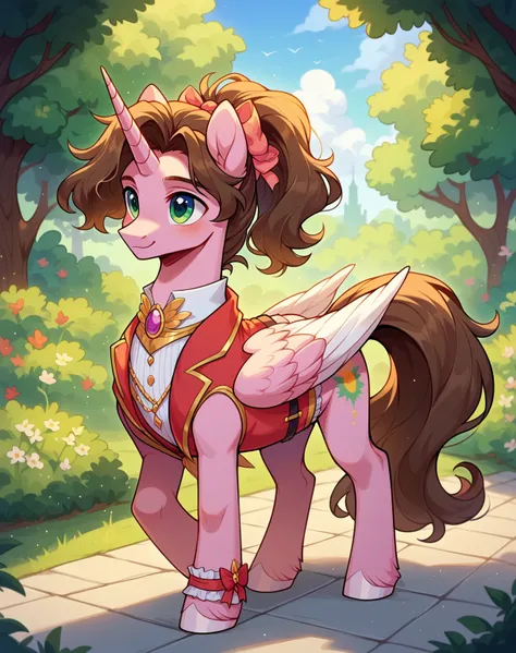 score 9, score 8 up, 1male, masterpiece, furry,  full body, pony, alicorn pony, wings, horn, feral, cute, beautiful, pretty,  lavender pink body, aqua green eyes, white legs, white stripe in forehead, brown mane, long mane, tied mane, hair tie color green,...