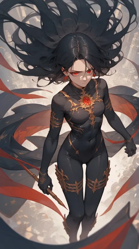 (( Best Quality)), (( Masterpieces )), ( Details), 1 girl, Long black hair, Red eyes, Black Gold Plated Tight Bodysuit