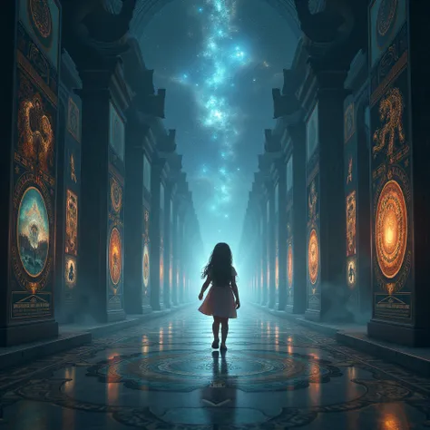  A small, pretty girl is walking into the dark ,  space-like long portal to the far end .and on both sides of the portal there are many large panels with very detailed images of all the events in the girls life that will happen to her in the future, one by...