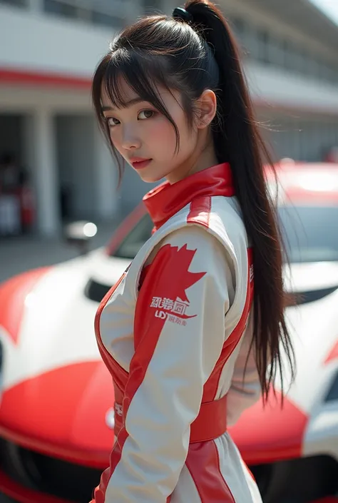 japanese girl, ponytail hair, black eyes, 28 years old, young mom appearance, average height, big breast, no wearing bra, in a unbuttoned well-cut racing jumpsuit inspired by the colors of japan next to a white and red race car, In ultra realistic, hyper r...