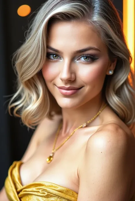 1 mature woman in, 60 years old, Alone, medium casual hair, Bob hair, curvy body, Looking at Viewer, grayblondehair, Bare shoulders, Brown eyes, jewely, Full body, a necklace, off shoulders, (wearing elegant patterned yellow heart tie dresses ), Distant ph...