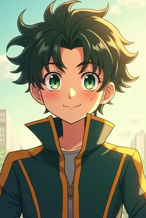  A beautiful wavy boy with black hair and light green eyes with a scar on his face this one is smiling, Boku no hero style and this one has the UA uniform 