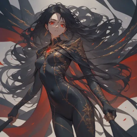 (( Best Quality)), (( Masterpieces )), ( Details), 1 girl, Long black hair, Red eyes, Black Gold Plated Tight Bodysuit