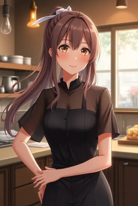 Ukyo Kuonji sexy mature anime woman SMILING brown eyes long brown hair 
with a white ribbon black mesh blue blouse short sleeve black shoes in the kitchen of your restaurant full body anime style