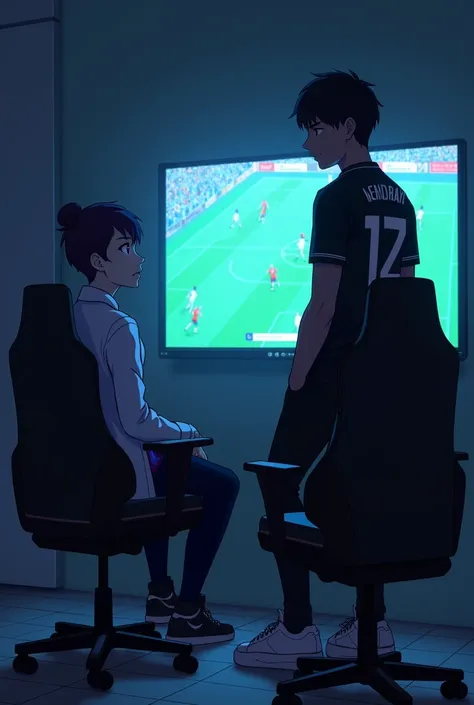  Make an image for me to put as a cover for the Mendrux fanfic.  A slightly dark room , , which is only illuminated by the TV light ,  that is turned on and open in the FIFA game .  Make them each seated in a gamer chair, looking at each other,  so that th...