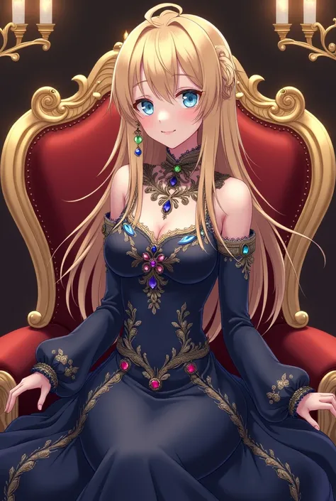 Japanese anime style illustration of an elegant girl sitting on an ornate gilded chair. Her fair skin contrasts with her long, shaggy blonde hair, while her light blue eyes and calm expression draw you in. Gorgeous dark blue baroque style dress, floral pat...