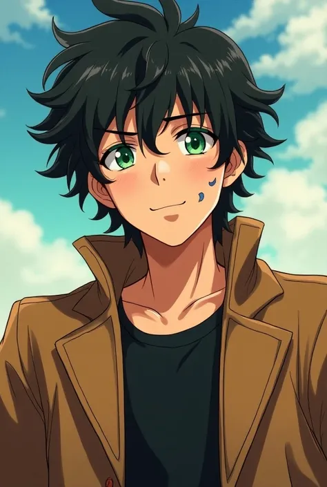  A beautiful wavy boy with black hair and light green eyes with a scar on his face this one is smiling, Boku no hero style and this one has the UA uniform but this one is brown and is using the power of ultraviolet rays