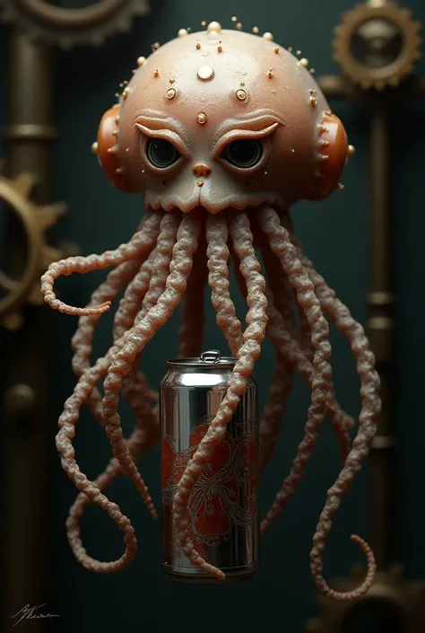 Jellyfish with a sexy face in steampunk style with horizontally extended tentacles and crushing a beer can with a tentacle 