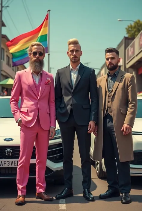  make three standing friends ,  the one on the left with a military cut ,  blond with a full beard ,  this blonde will be wearing a pink suit holding the LGBT flag ,  he will be in front of a white Ford Ka .  The middle friend is an attractive guy , with a...