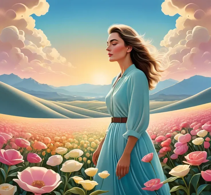 High quality hd, expertly arranged composition, soft hues, dynamic lighting, artistic style of georgia I’keefe, background of sky, foreground of woman wearing flowers.