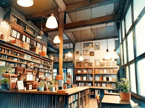 coffee shop scenery,   coffee shop、retro cafe、modern feel、 attic atmosphere、small store 、there is a counter、there is a bookshelf...