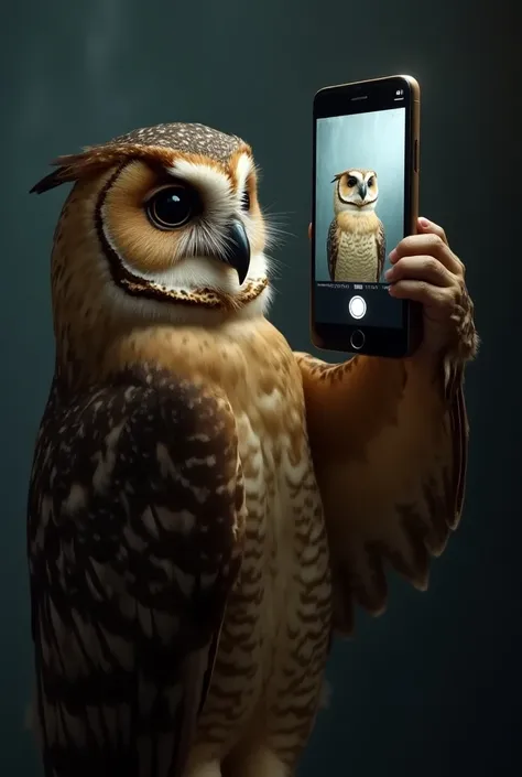 An owl taking a selfie in a mirror with a phone in a wing and showing the flash