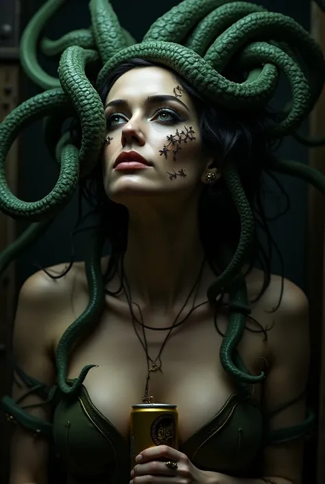 Horizontal image of Medusa with the face of a sexy woman in steampunk style with tentacles extended horizontally and crushing a beer can with a tentacle 