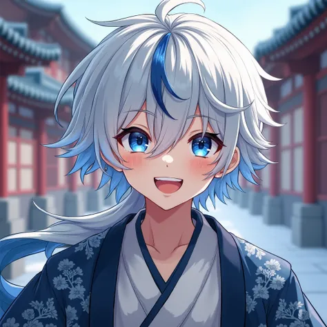 male character, young, white hair with blue highlights, samurai style, with kimono, smiling, with teeth showing, with eyes closed